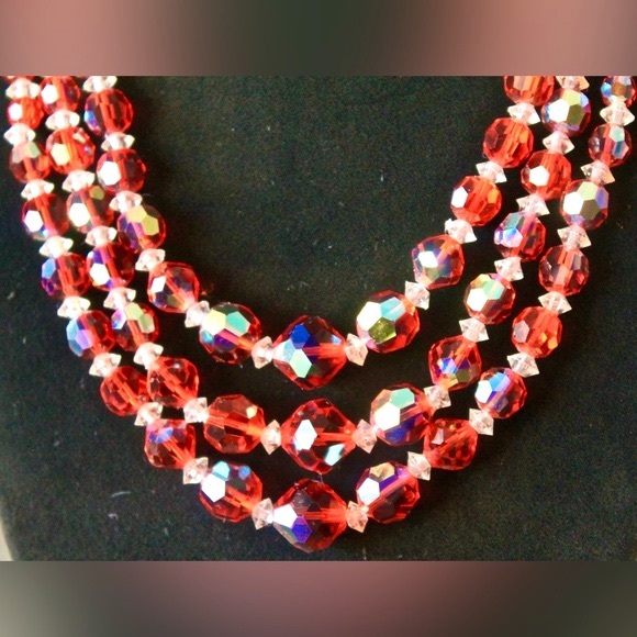 LAGUNA NECKLACE BRACELET EARRING VINTAGE 3PC SET ORANGE & CLEAR AURORA BOREALIS - Picture 9 of 11
